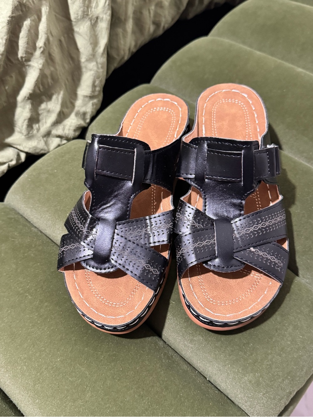 Women’s Black Slide Sandals with Tan Footbed